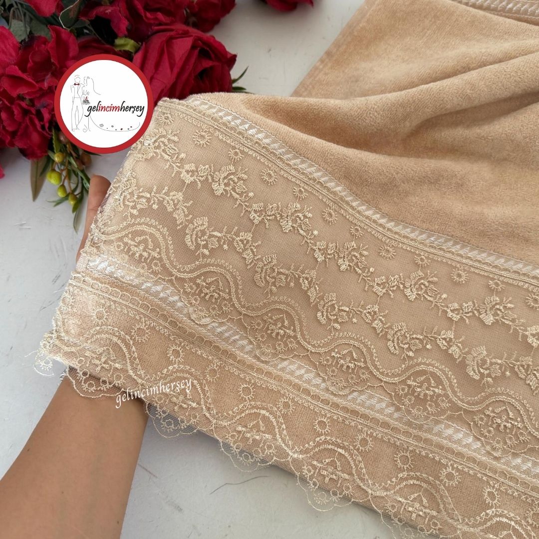 GelincimherşeyÇiftDantelDetaylıElYüzHavlusuBej2