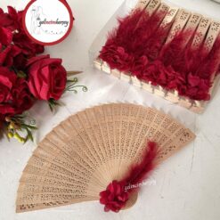 Gelincimherşey 20'li Çiçekli Tüylü Ahşap Yelpaze Hediyelik - BORDO