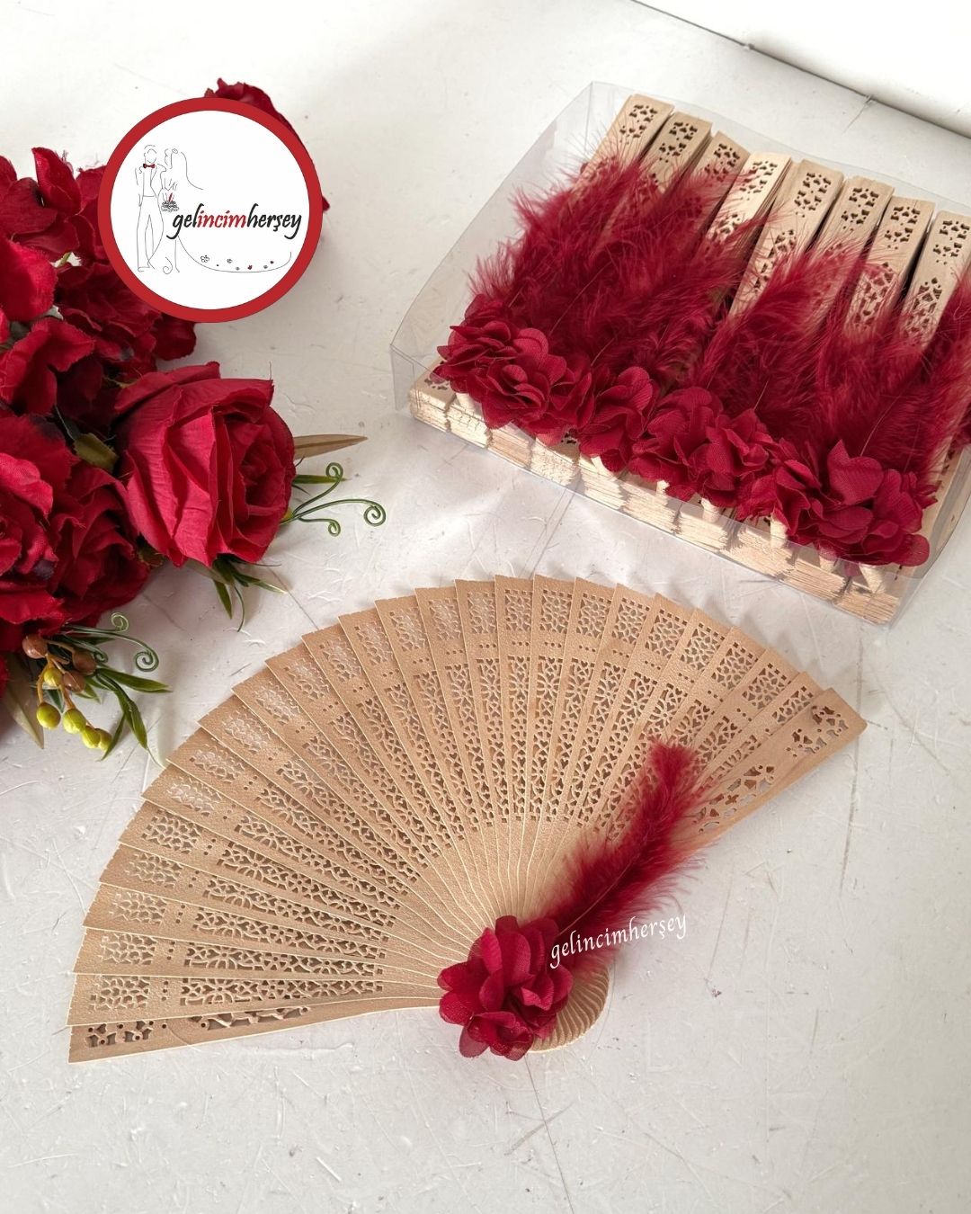 Gelincimherşey20'liÇiçekliTüylüAhşapYelpazeHediyelikBordo1