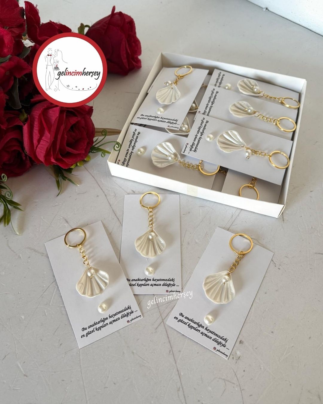 Gelincimherşey25'liDenizKabukGörünümlüİnciliAnahtarlıkHediyelik1