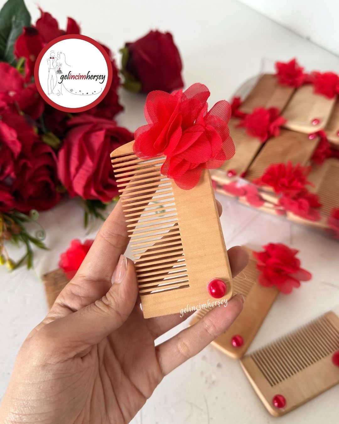 Gelincimherşey30'luÇiçekliBambuTarakHediyelikKırmızı1
