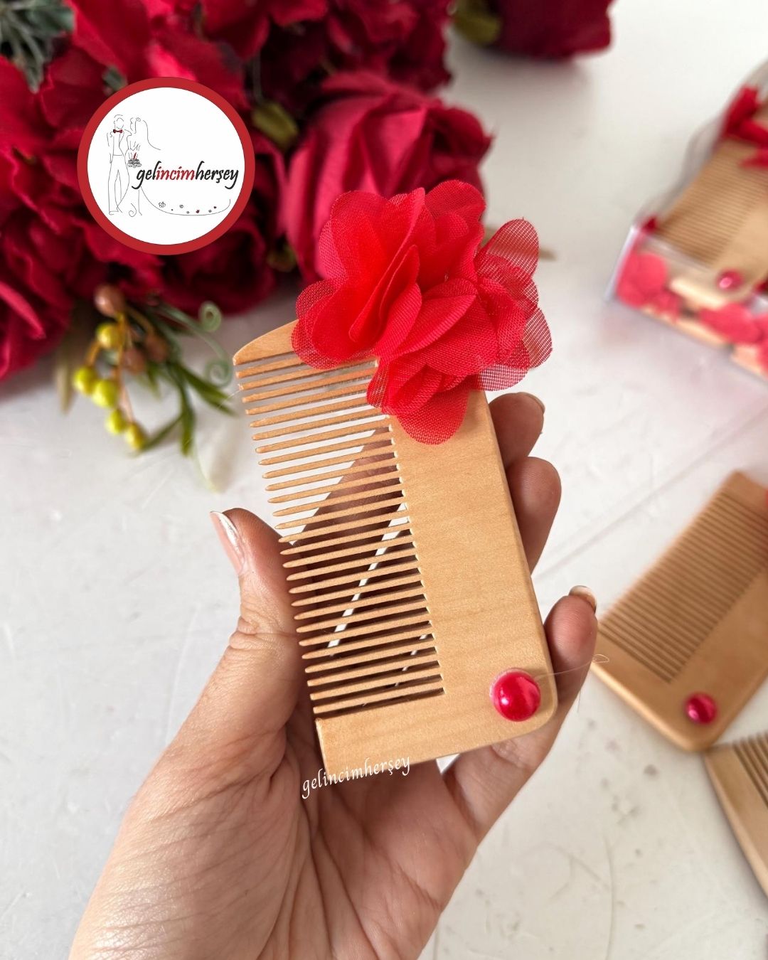 Gelincimherşey30'luÇiçekliBambuTarakHediyelikKırmızı2