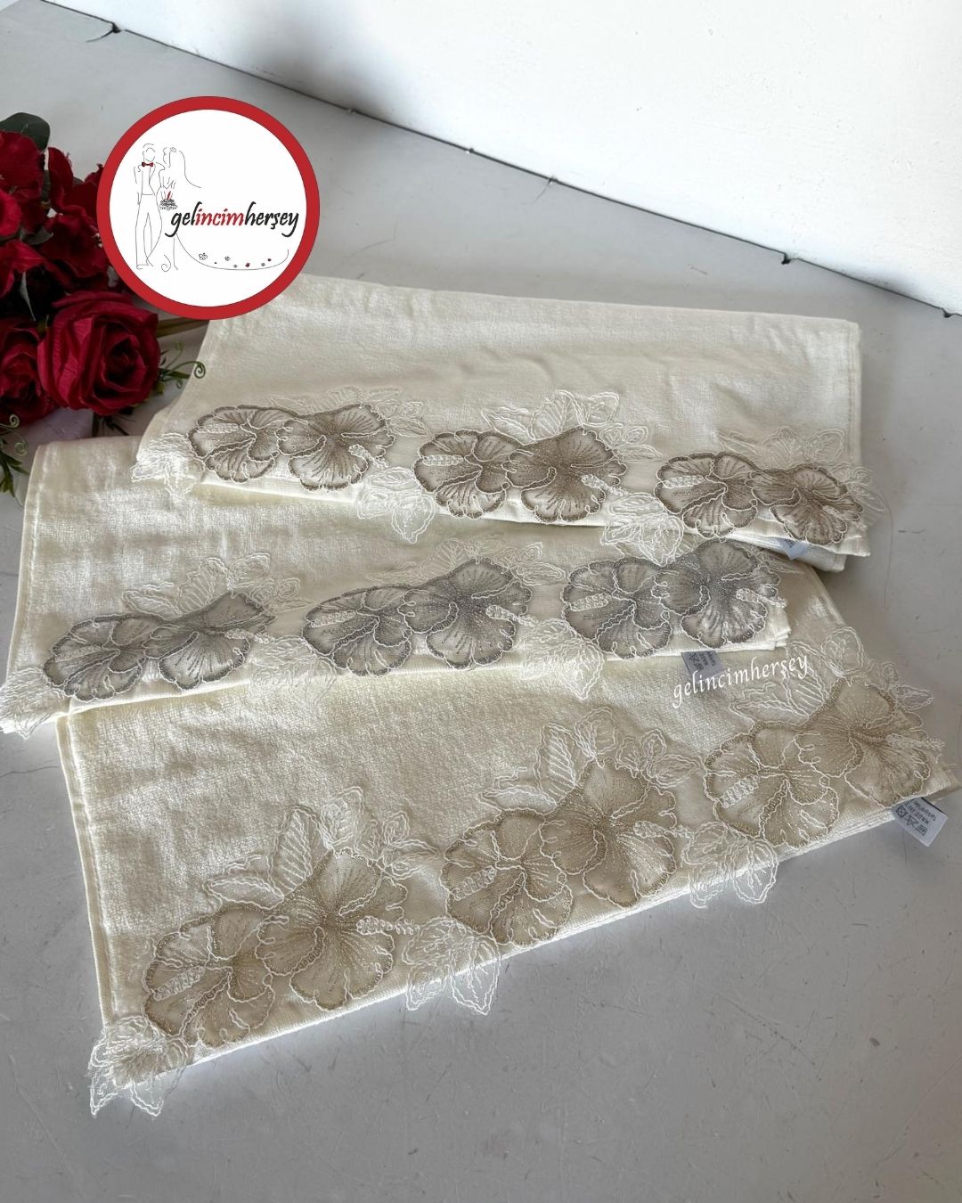 Gelincimherşey3'lüKremLüksNakışlıFransızGüpürlüElYüzHavlusu