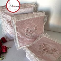 Gelincimherşey 3'lü Nişan Çeyiz Bohçası İçin Dantelli Kadife Hurç - PUDRA