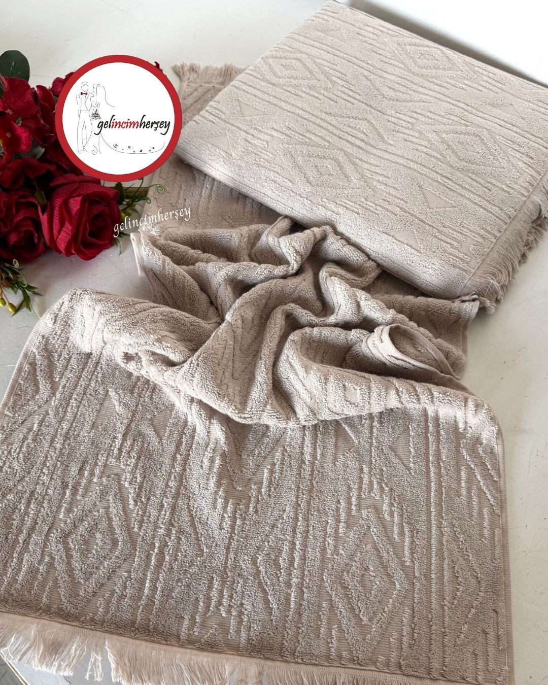 GelincimherşeyEtnikDesen2'liBanyoHavluSetiBej