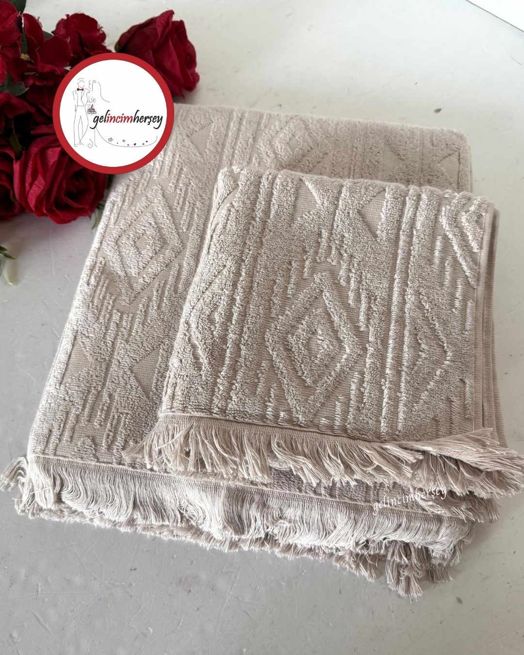 GelincimherşeyEtnikDesen2'liBanyoHavluSetiBej1