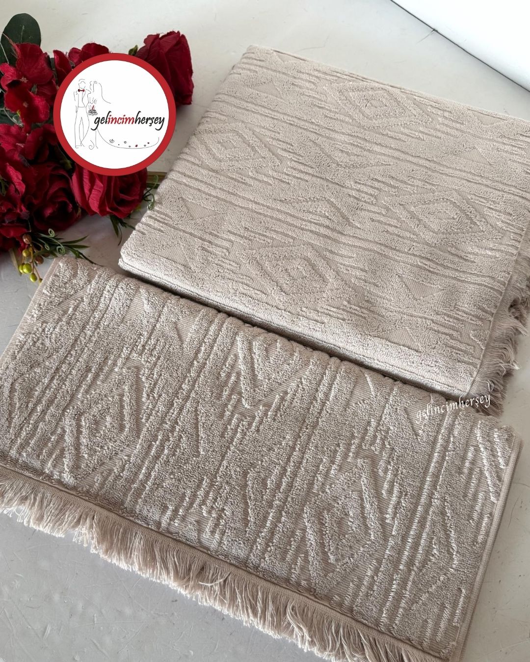 GelincimherşeyEtnikDesen2'liBanyoHavluSetiBej2