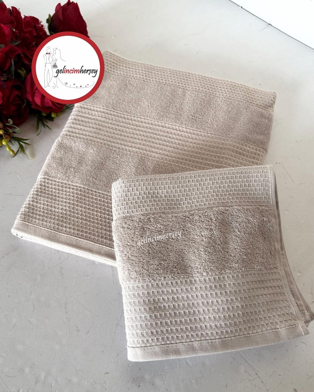 GelincimherşeyFrancesDesenli2'liBanyoHavluSetiBej