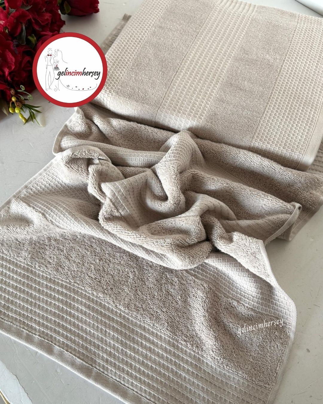 GelincimherşeyFrancesDesenli2'liBanyoHavluSetiBej2