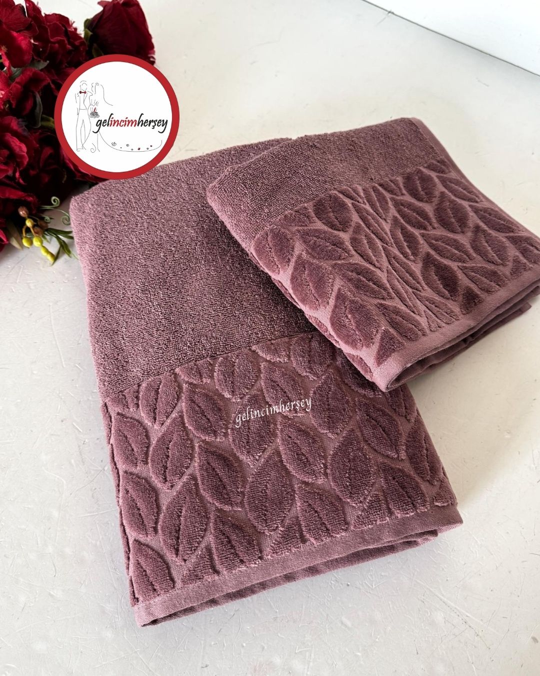 GelincimherşeyKısmiKadifeDesenli2'liBanyoHavluSetiMürdüm