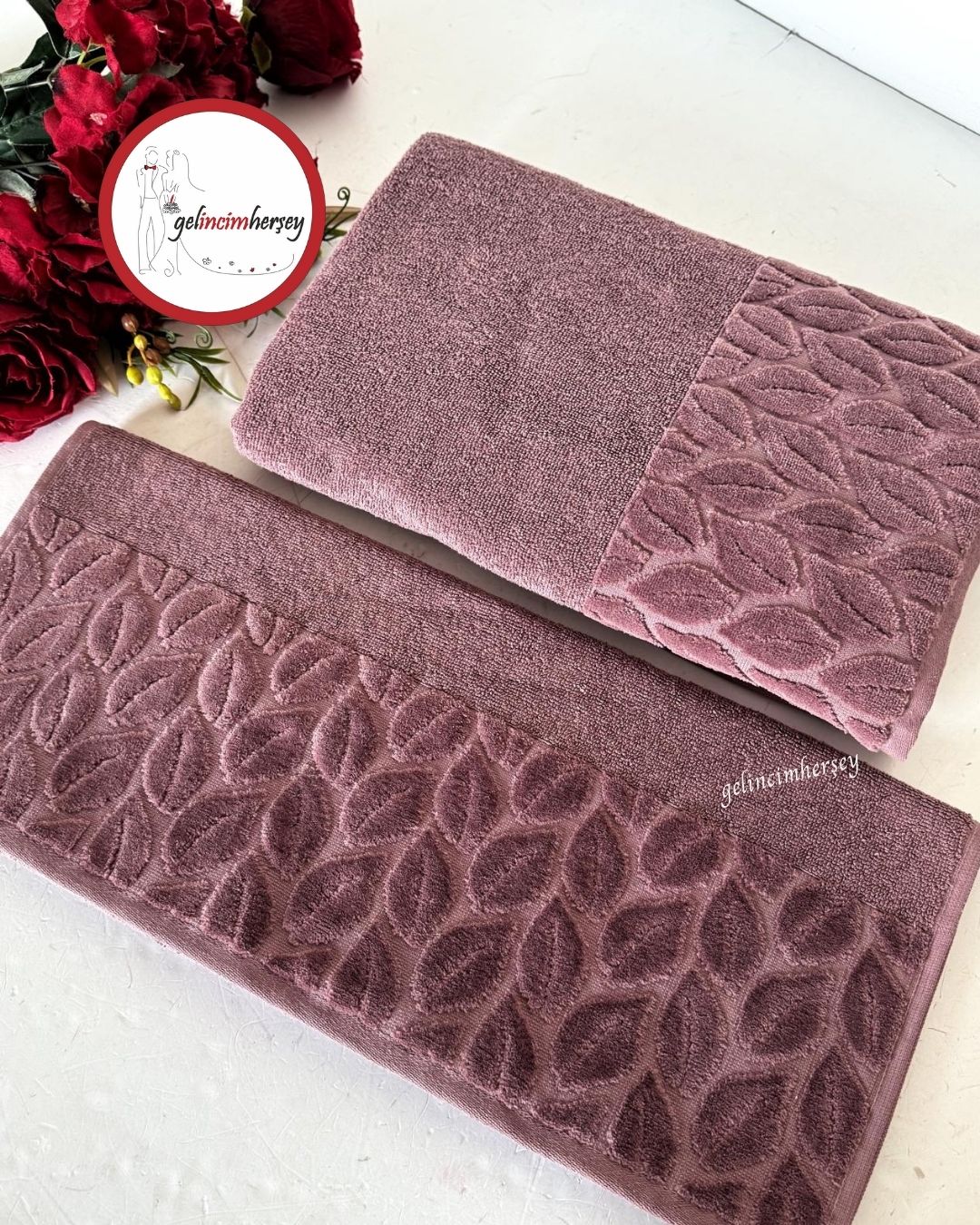 GelincimherşeyKısmiKadifeDesenli2'liBanyoHavluSetiMürdüm1