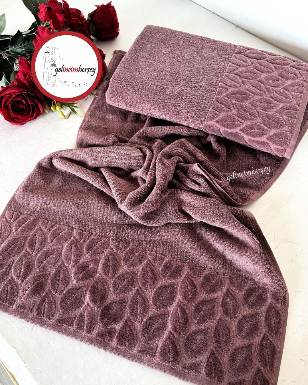 GelincimherşeyKısmiKadifeDesenli2'liBanyoHavluSetiMürdüm2