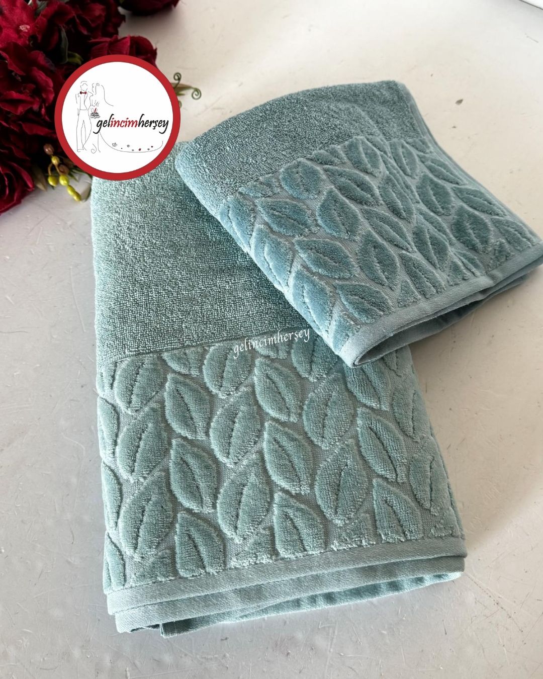 GelincimherşeyKısmiKadifeDesenli2'liBanyoHavluSetiTurkuaz