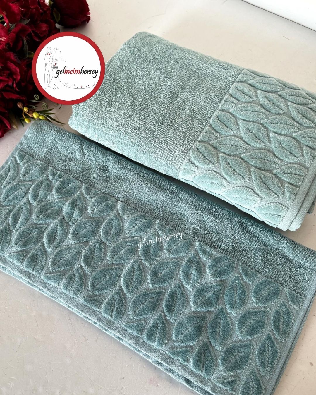 GelincimherşeyKısmiKadifeDesenli2'liBanyoHavluSetiTurkuaz1