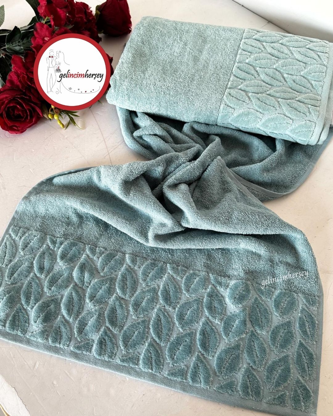 GelincimherşeyKısmiKadifeDesenli2'liBanyoHavluSetiTurkuaz2