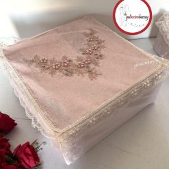 Gelincimherşey Nişan Çeyiz Bohçası İçin Dantelli Kadife Hurç Büyük Boy - PUDRA