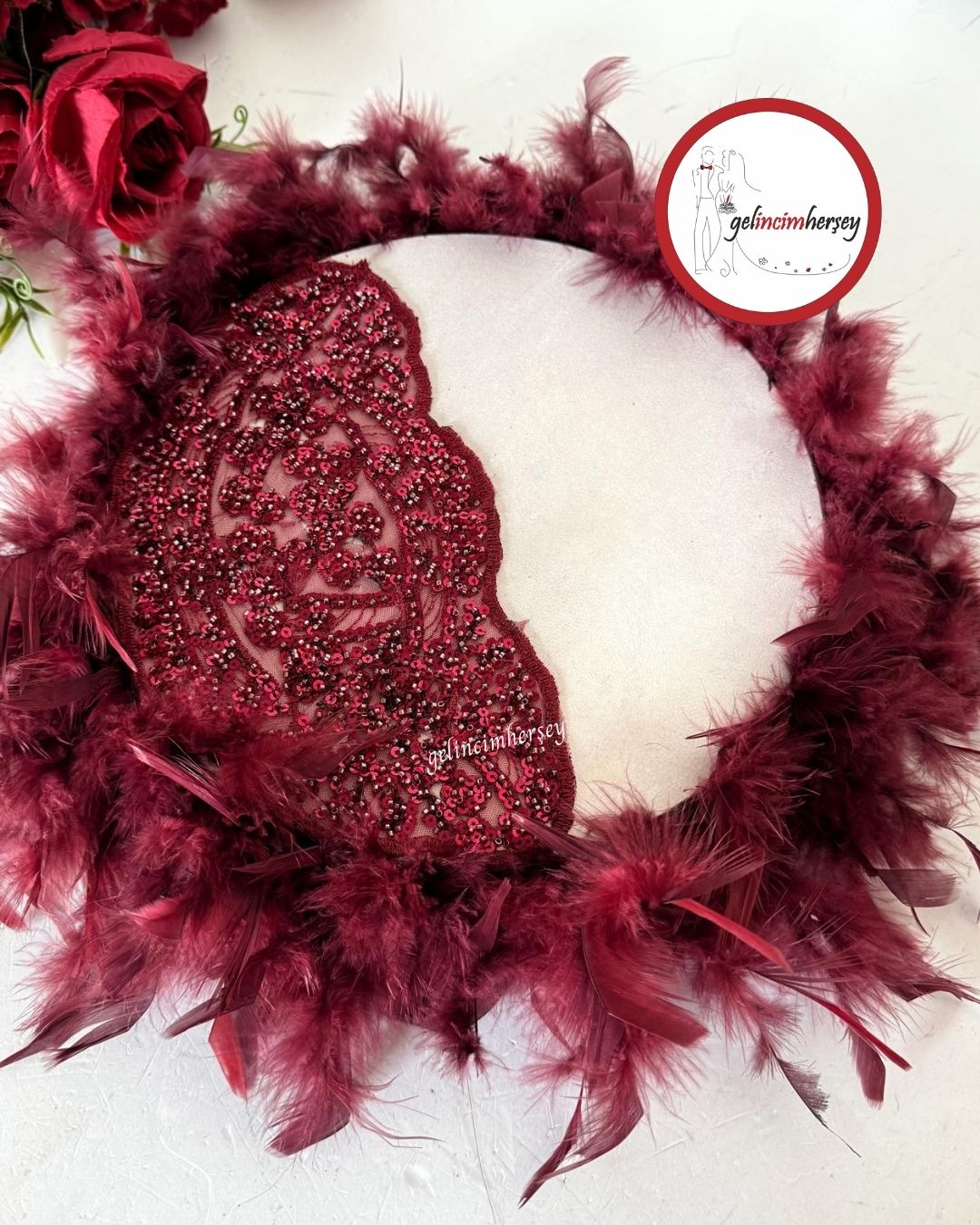 GelincimherşeyVipDantelliTüylüGelinTefiBordo