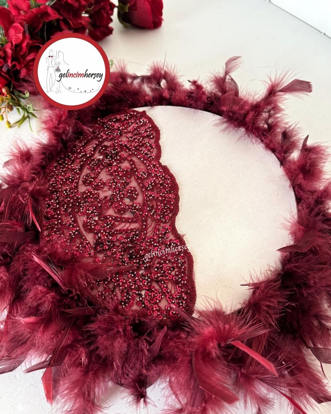 GelincimherşeyVipDantelliTüylüGelinTefiBordo1