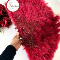 Gelincimherşey Vip Dantelli Tüylü Gelin Yelpazesi - BORDO