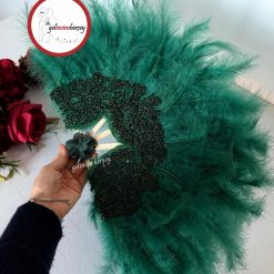 Gelincimherşey Vip Dantelli Tüylü Gelin Yelpazesi - ZÜMRÜT YEŞİL