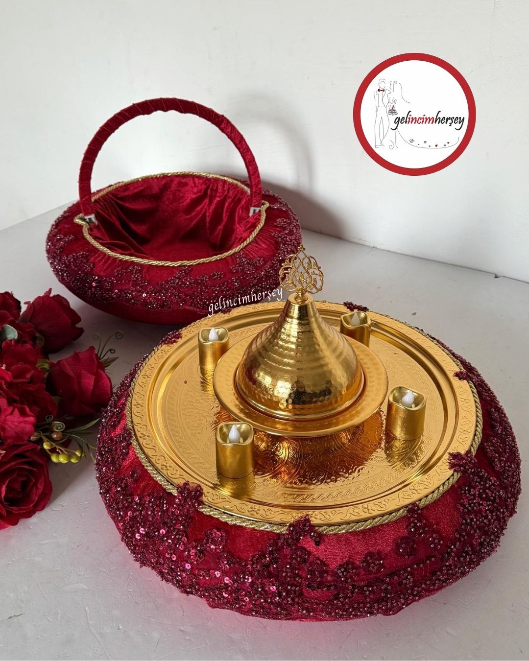 GelincimherşeyVipDantelliKınaSepetiveKınaTepsisiBordo