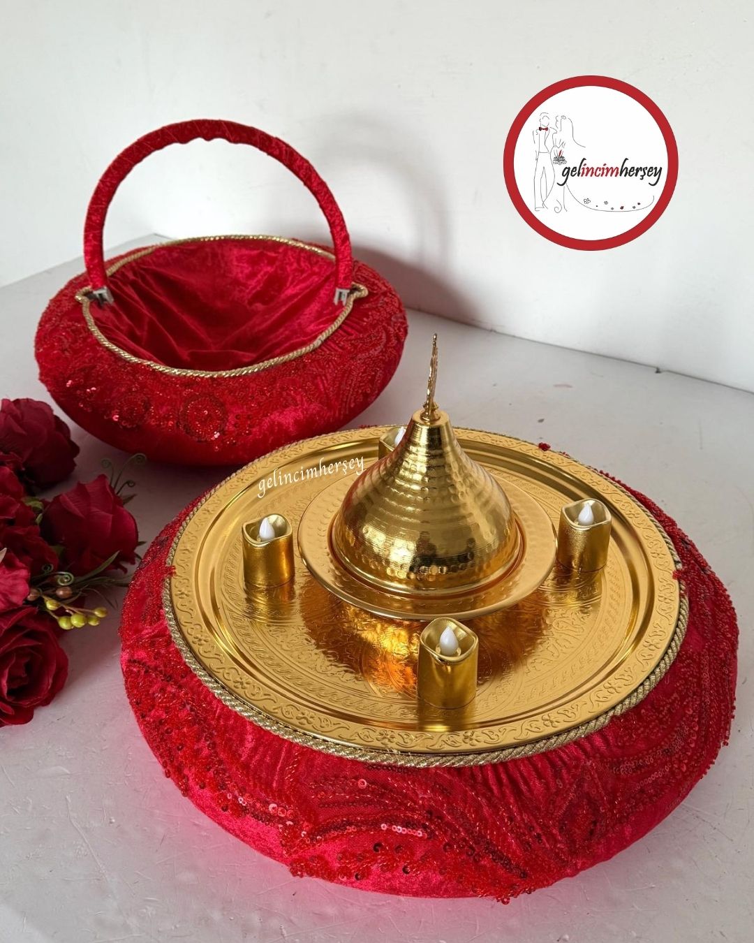 GelincimherşeyVipDantelliKınaSepetiveKınaTepsisiKırmızı