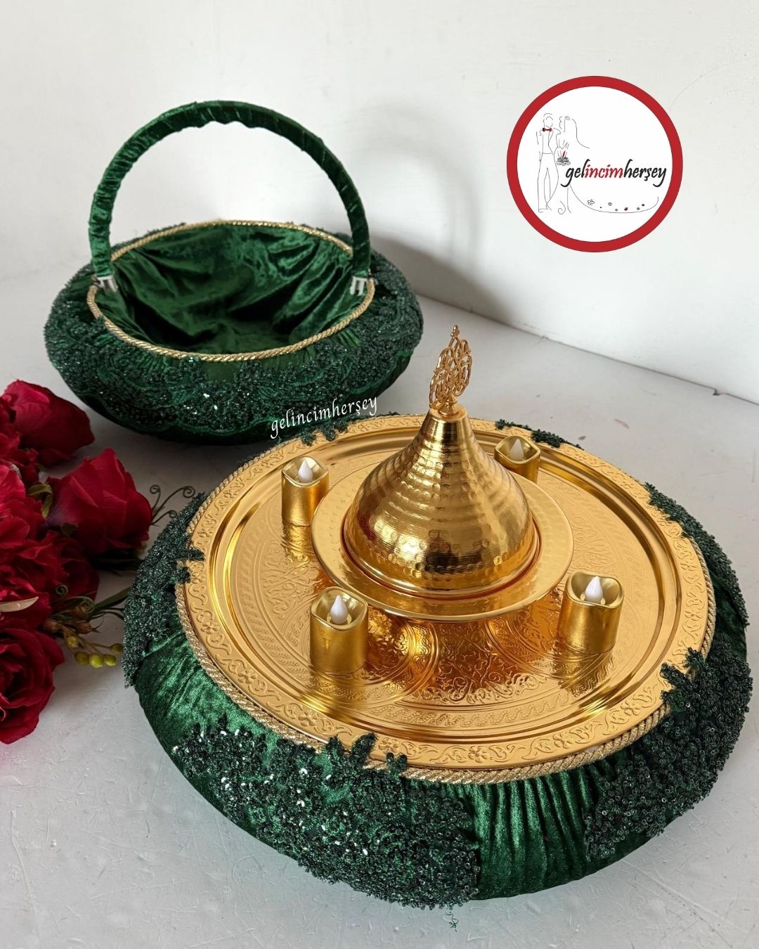 GelincimherşeyVipDantelliKınaSepetiveKınaTepsisiZümrütYeşil