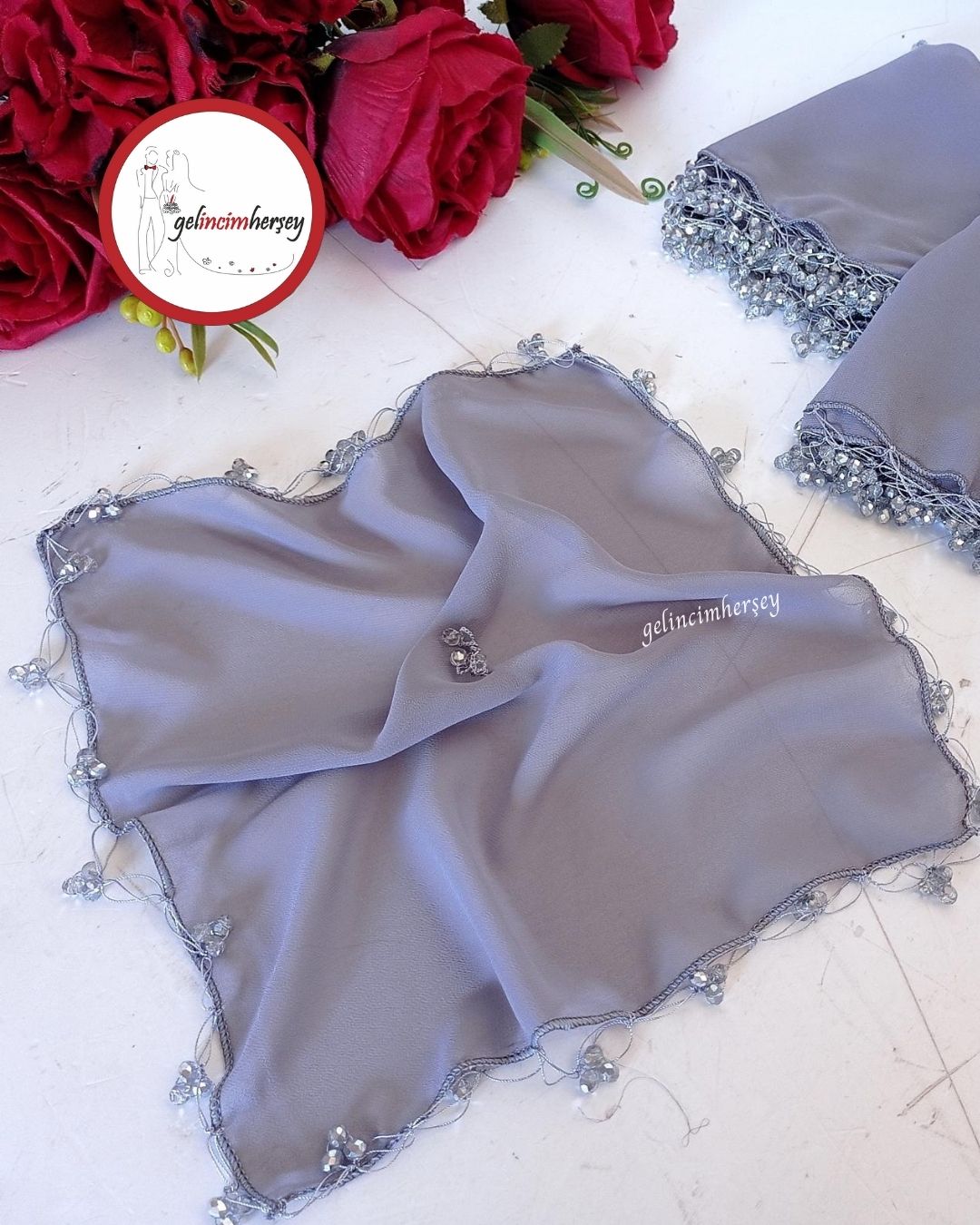 GelincimherşeyKristalBoncukluŞifonHalayMendili10'luGri Gelincimhersey Kristal Boncuklu Şifon Halay Mendili 10lu
