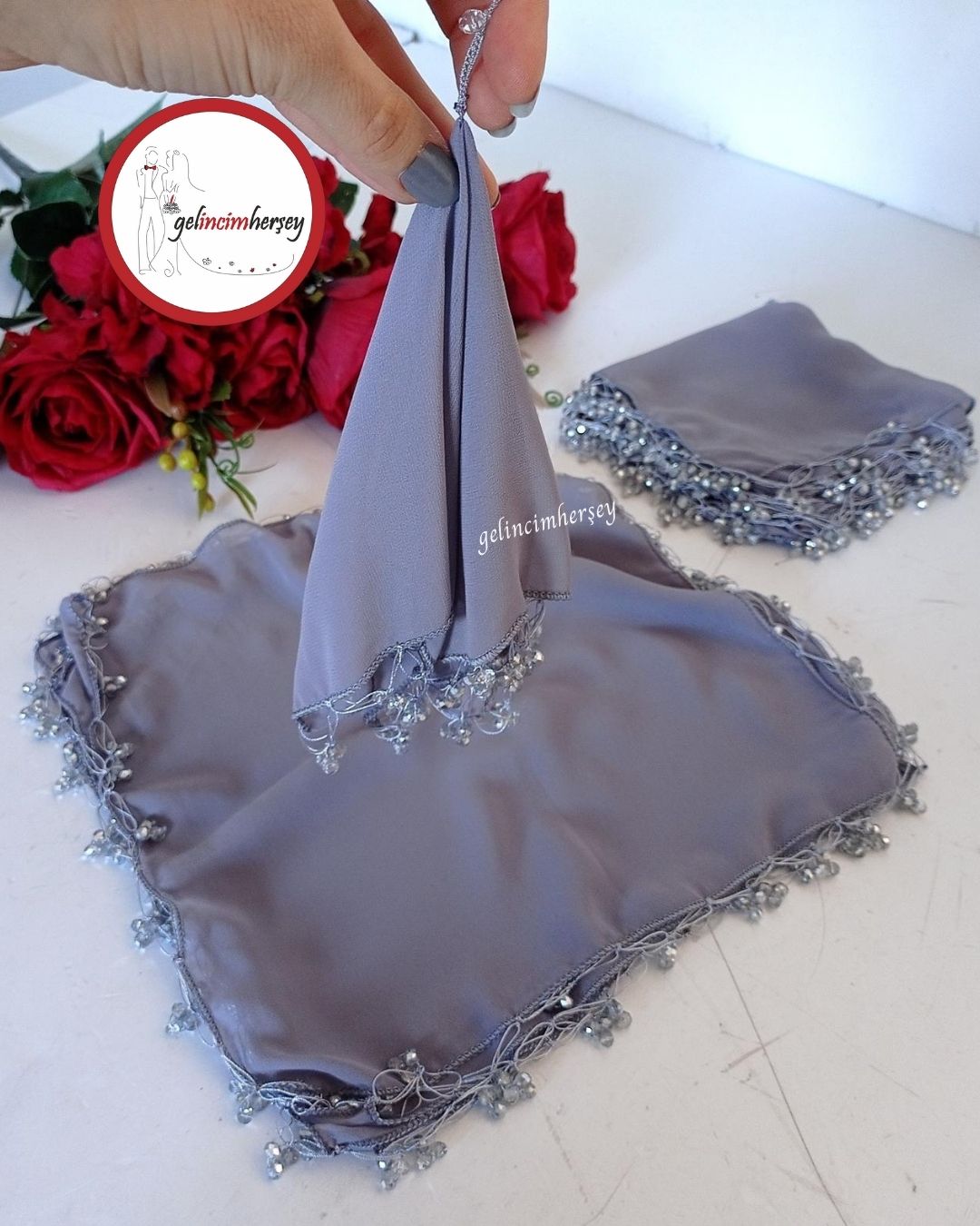 GelincimherşeyKristalBoncukluŞifonHalayMendili10'luGri1 Gelincimhersey Kristal Boncuklu Şifon Halay Mendili 10lu