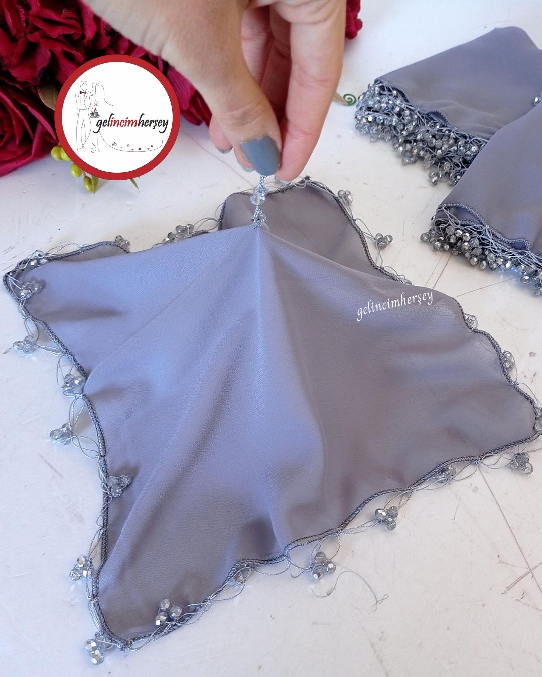 GelincimherşeyKristalBoncukluŞifonHalayMendili10'luGri2 Gelincimhersey Kristal Boncuklu Şifon Halay Mendili 10lu