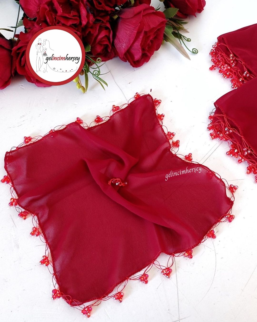 GelincimherşeyKristalBoncukluŞifonHalayMendili10'luKırmızı2 Gelincimhersey Kristal Boncuklu Şifon Halay Mendili 10lu