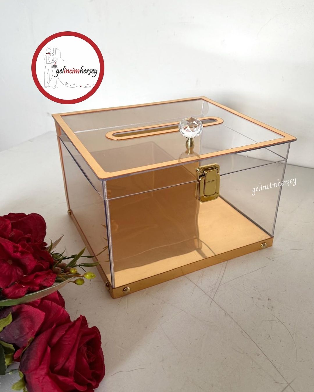 Gelincimherşey Kristal Kulplu Gold Şeffaf Para ve Takı Kutusu