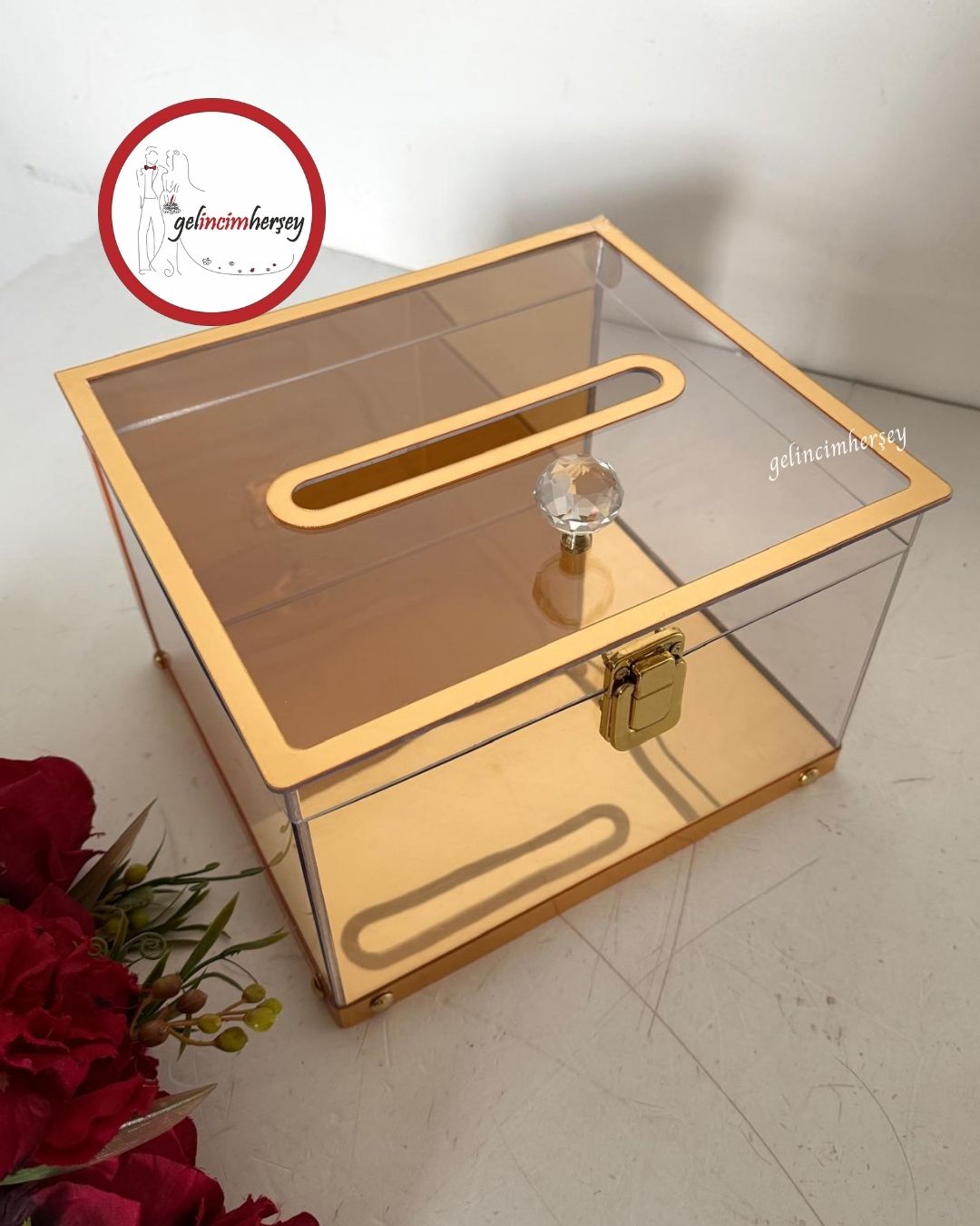 Gelincimherşey Kristal Kulplu Gold Şeffaf Para ve Takı Kutusu