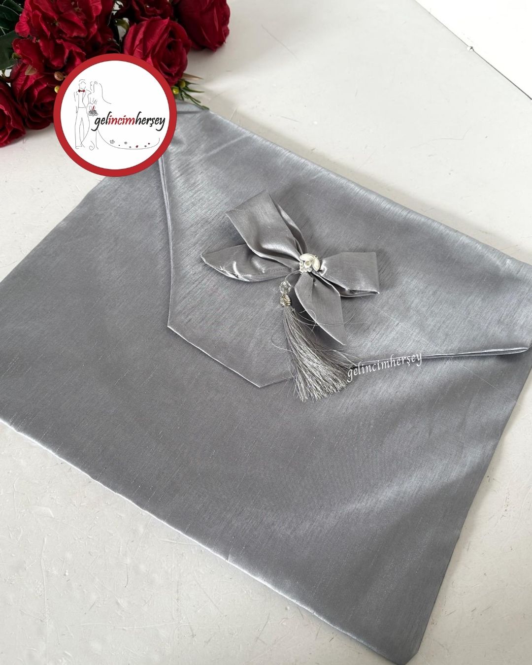 Gelincimherşey Saten Fiyonklu Zarf Bohça Gri