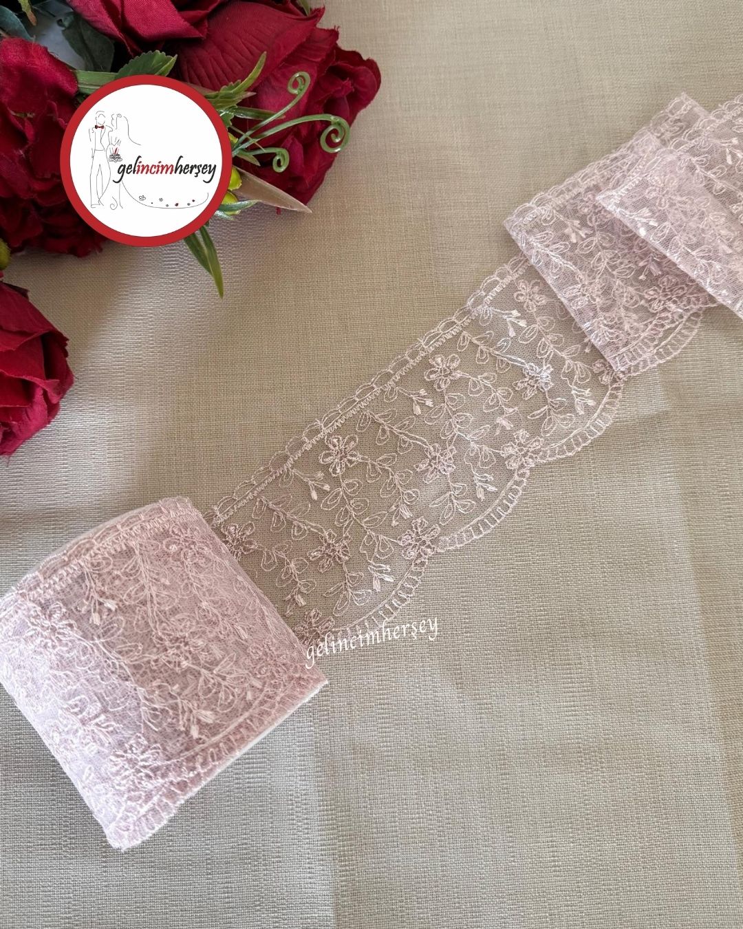 GelincimherşeyÇıtırÇiçekliPudraPembeDantelTülGüpür8cm4metre