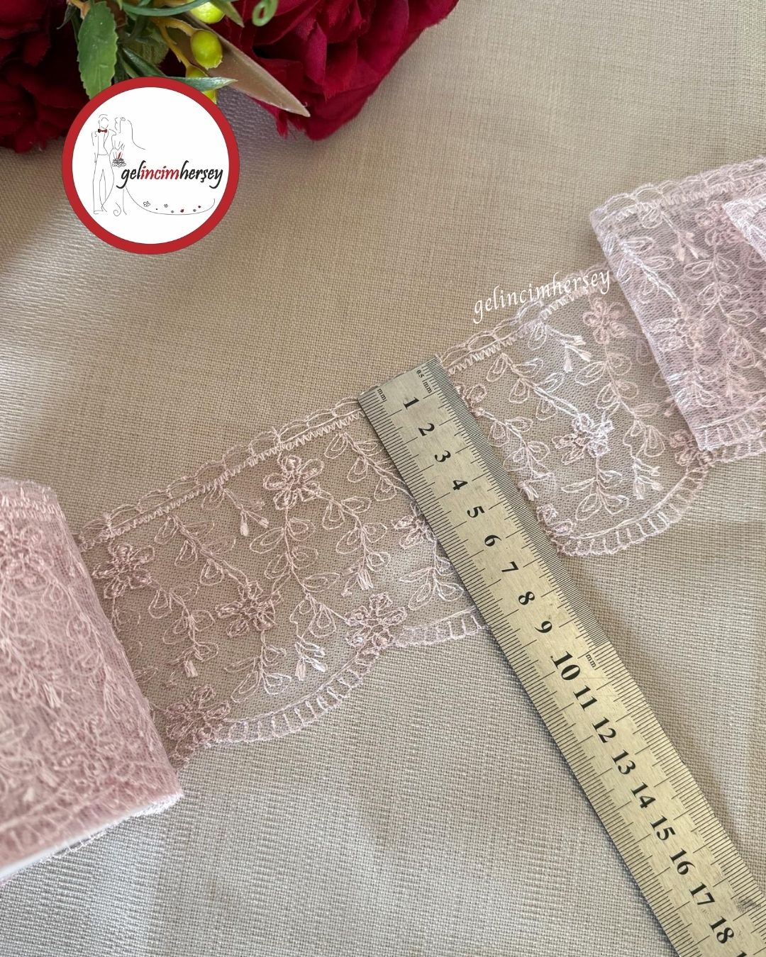 GelincimherşeyÇıtırÇiçekliPudraPembeDantelTülGüpür8cm4metre2