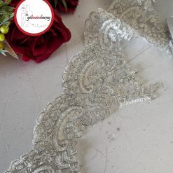 Gelincimherşey Gümüş Kordineli Kırık Beyaz Lüks Fransız Güpür 13.5 cm 4 Metre