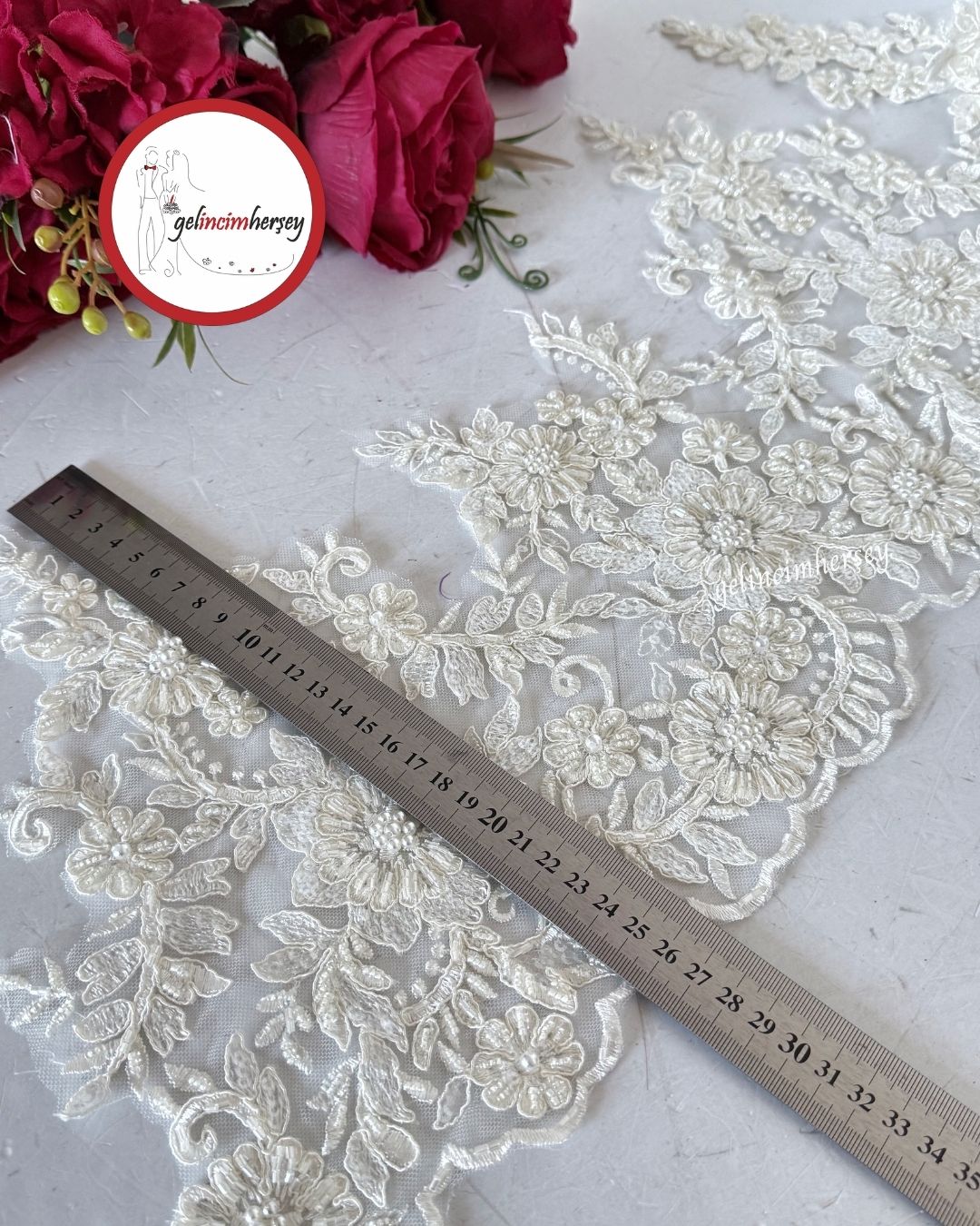 GelincimherşeyIşıltılıBoncukluFransızGüpür27cm1metreEkru3