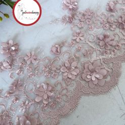 Gelincimherşey Üç Boyutlu Çiçekli İncili Fransız Dantel Güpür 21 cm 1 Metre - PUDRA