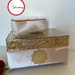 Gelincimherşey 2’li Cam Ferforje Kapaklı Gold Detaylı Bej Gelin Çeyiz Sandığı