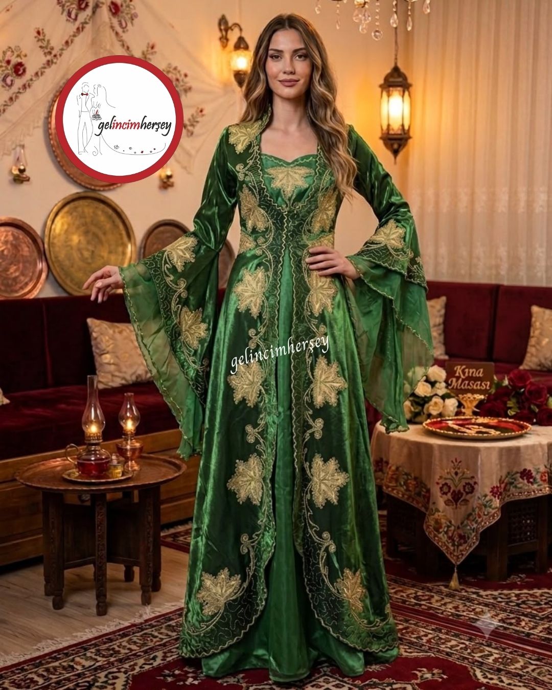 Gelincimherşey Yeşil Çınar İşlemeli Mahidevran Model Kaftan Bindallı - Görsel 1