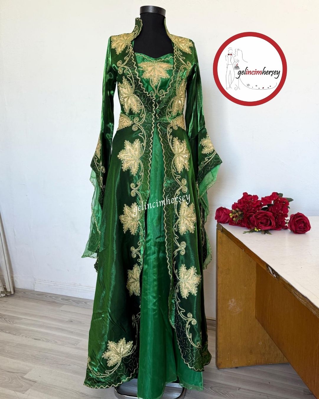Gelincimherşey Yeşil Çınar İşlemeli Mahidevran Model Kaftan Bindallı - Görsel 2