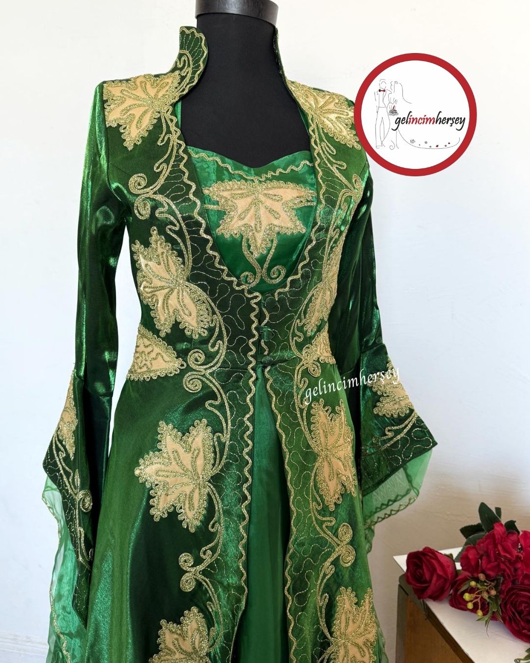 Gelincimherşey Yeşil Çınar İşlemeli Mahidevran Model Kaftan Bindallı - Görsel 3